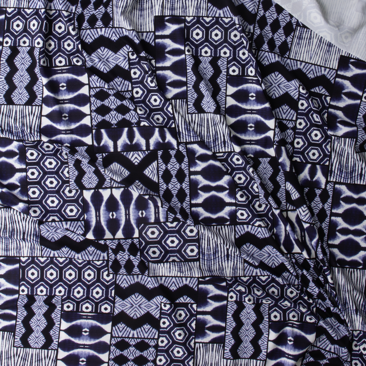 Navy Tribal Geo Patchwork Nylon/Spandex #30026 Fabric By The Yard - Wide shot