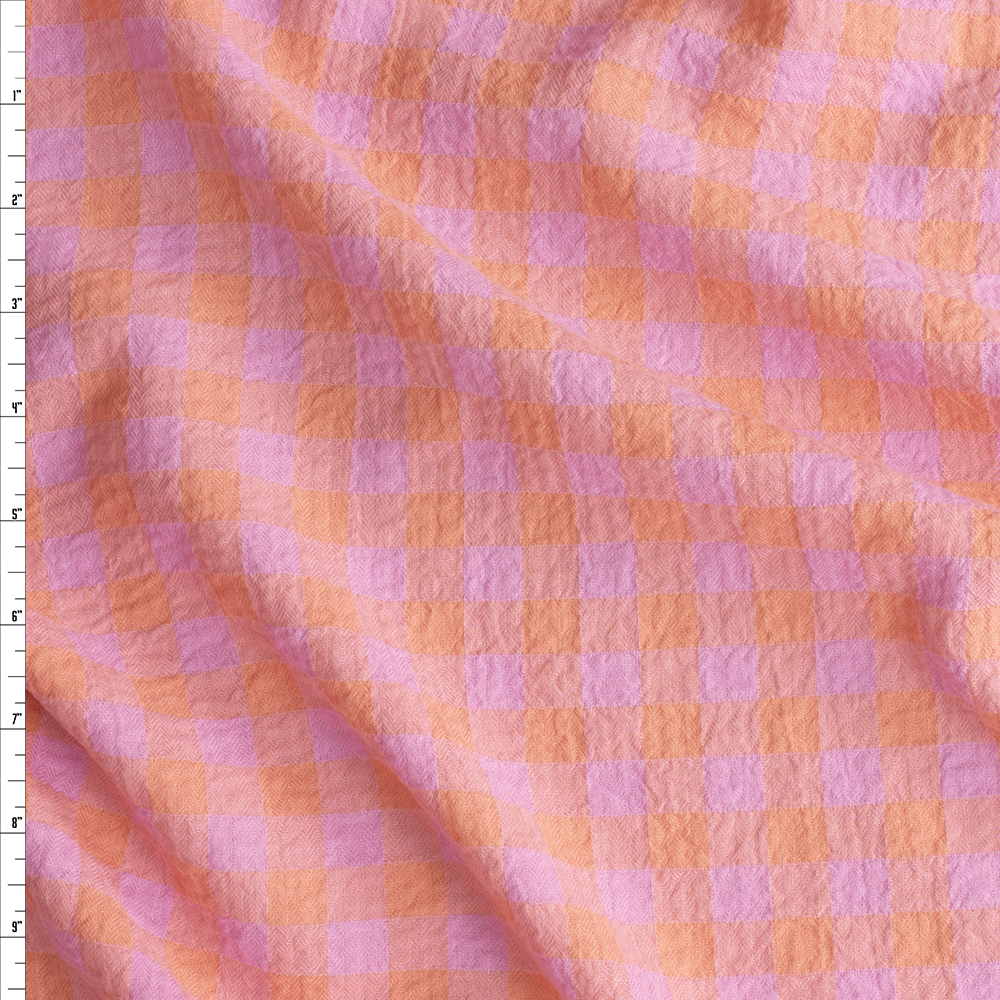 Pink and Orange Plaid Designer Cotton Gauze #30144 Fabric By The Yard