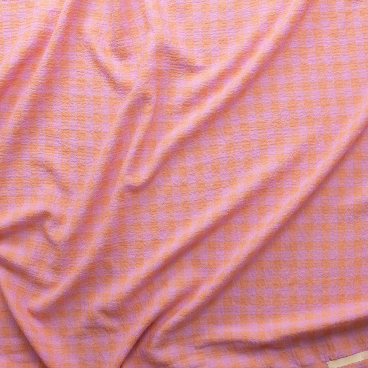 Pink and Orange Plaid Designer Cotton Gauze #30144 Fabric By The Yard - Wide shot