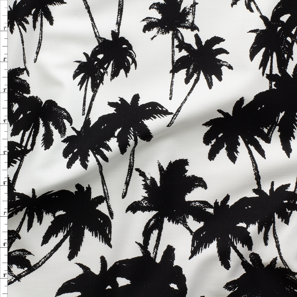 Black Palm Silhouette Double Border Print Cotton Sateen #30152 Fabric By The Yard
