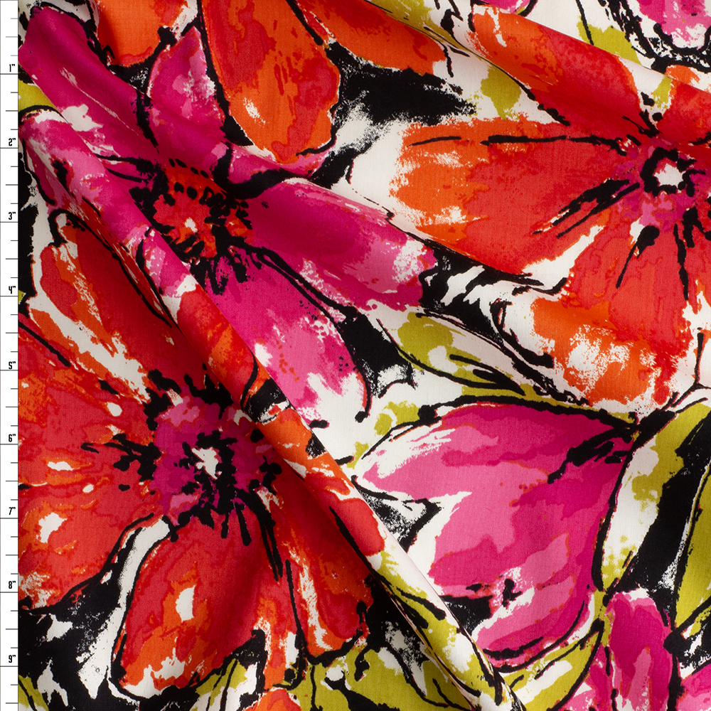 Red and Hot Pink Brushstroke Floral on White Stretch Cotton Sateen #30155 Fabric By The Yard