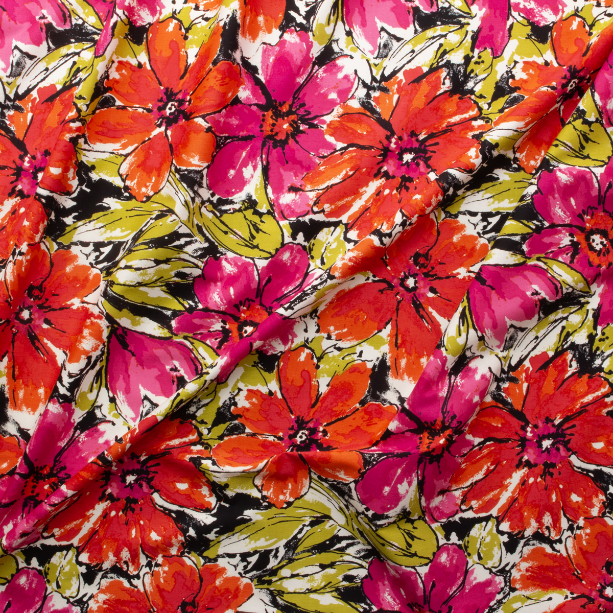 Red and Hot Pink Brushstroke Floral on White Stretch Cotton Sateen #30155 Fabric By The Yard - Wide shot