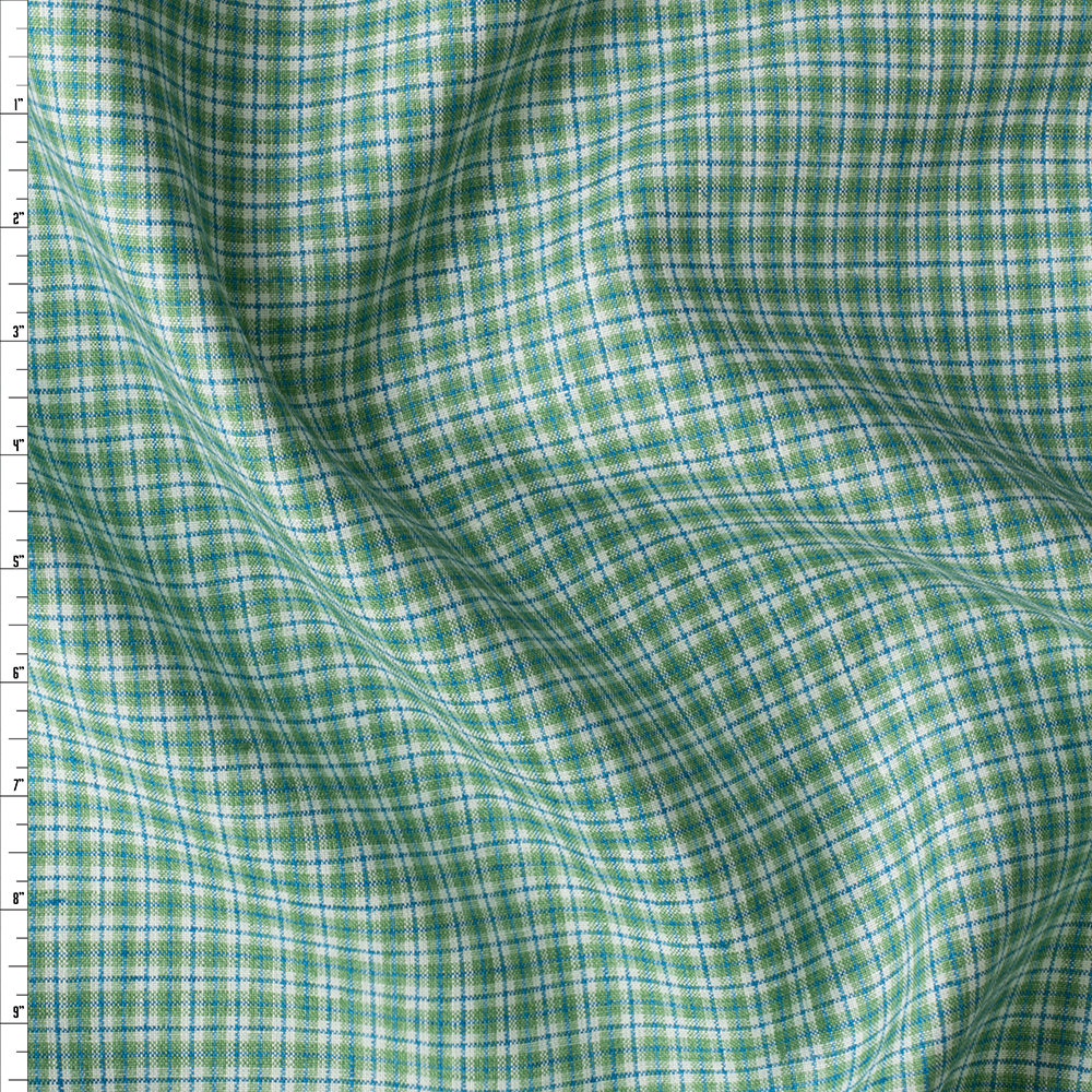 Green, White, and Teal Plaid Linen #30282 Fabric By The Yard