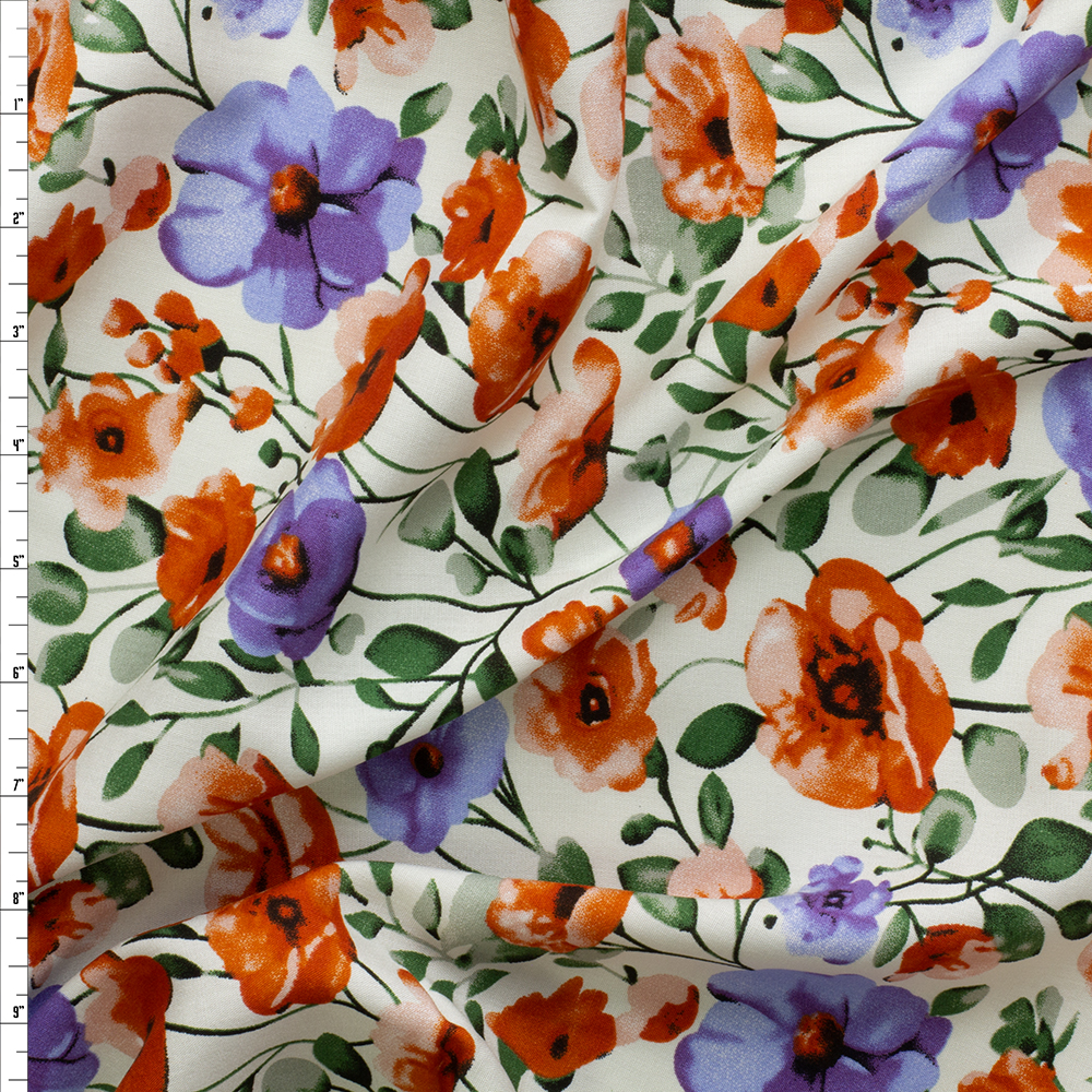 Orange and Lavender Watercolor Poppy & Anemone Floral Rayon Challis #30325 Fabric By The Yard