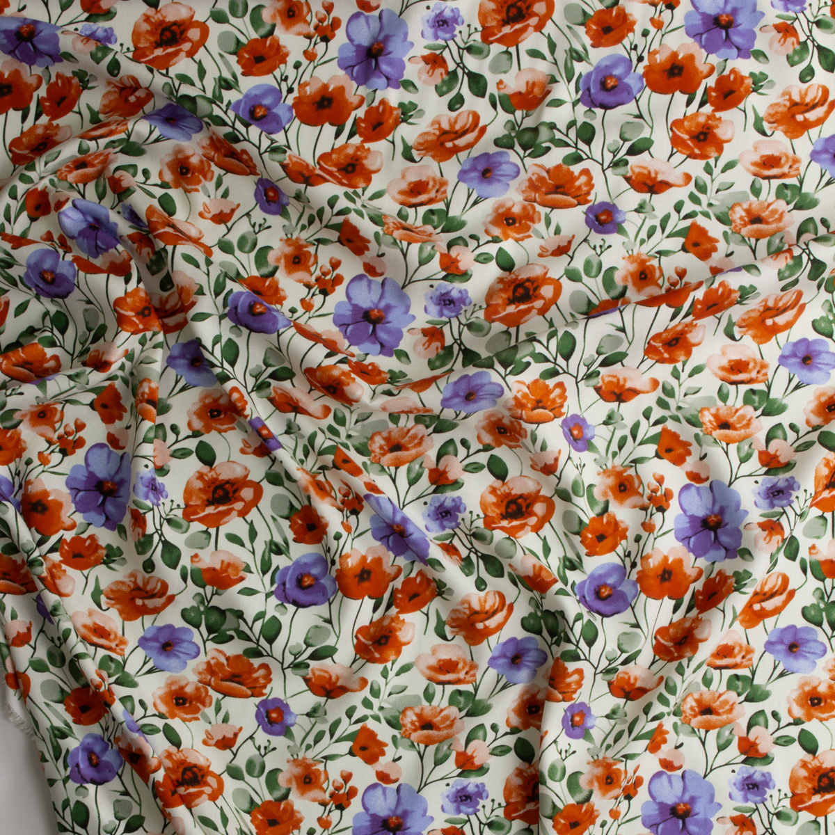 Orange and Lavender Watercolor Poppy & Anemone Floral Rayon Challis #30325 Fabric By The Yard - Wide shot