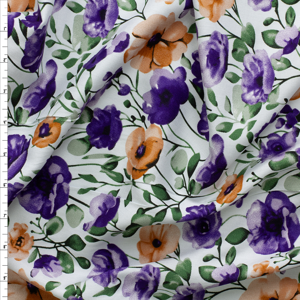 Purple and Peach Watercolor Poppy & Anemone Floral Rayon Challis #30326 Fabric By The Yard