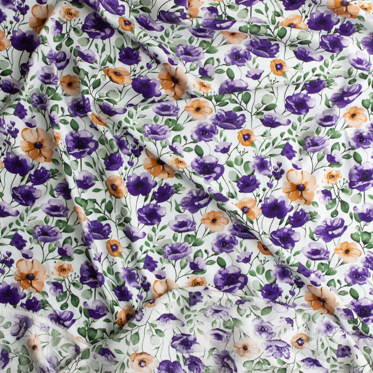 Purple and Peach Watercolor Poppy & Anemone Floral Rayon Challis #30326 Fabric By The Yard - Wide shot
