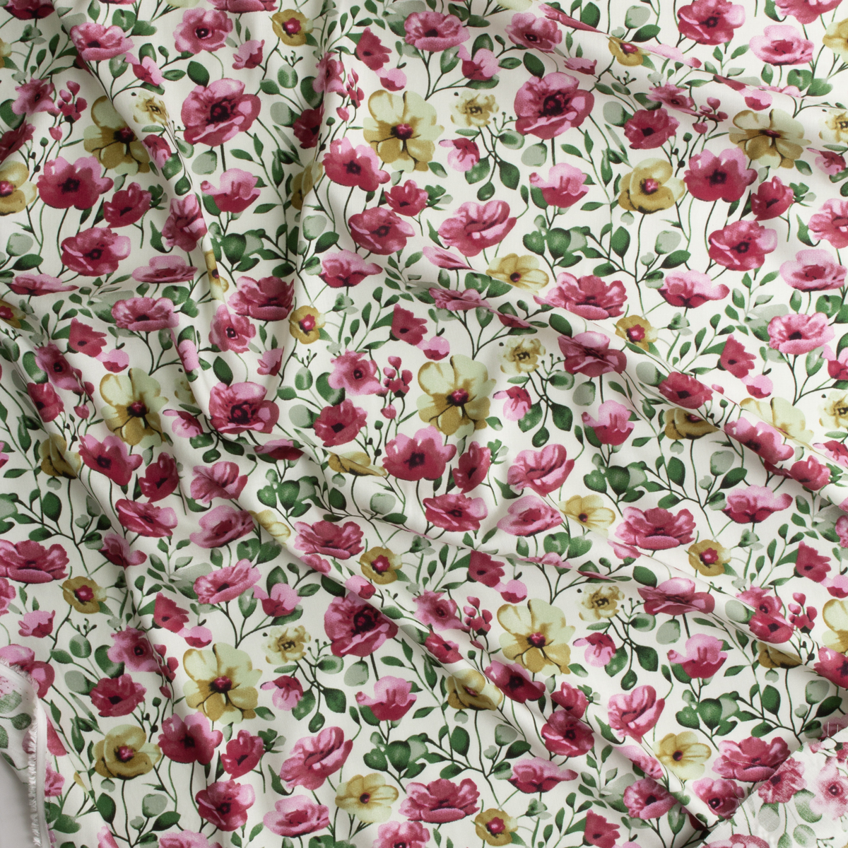 Hot Pink and Tan Watercolor Poppy & Anemone Floral Rayon Challis #30328 Fabric By The Yard - Wide shot