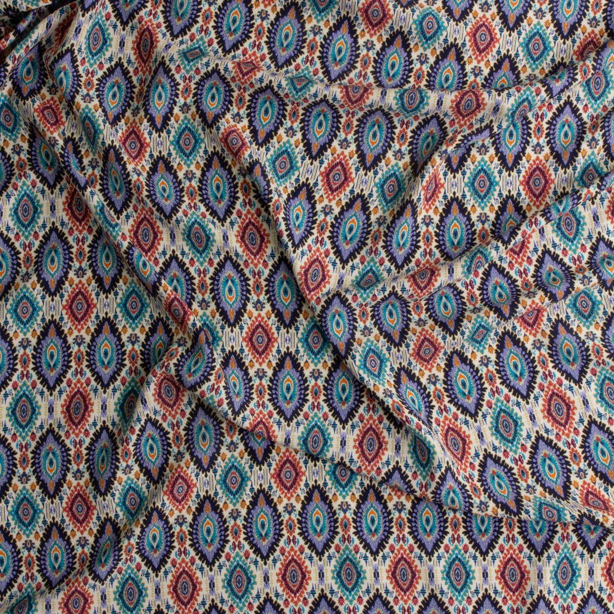 Ocean Carnival Festival Diamond Ikat Rayon Challis #30331 Fabric By The Yard - Wide shot