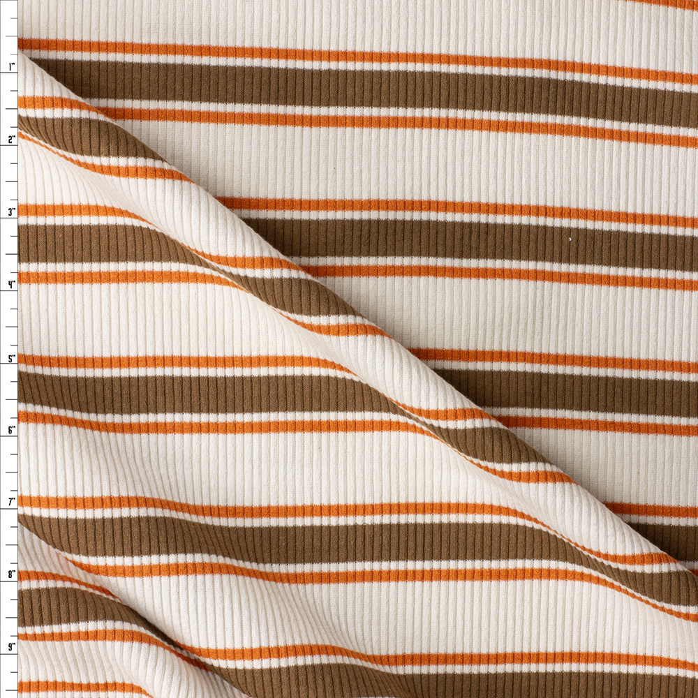 Brown and Orange on Offwhite Horizontal Stripe Cotton/Spandex Rib Knit #30377 Fabric By The Yard