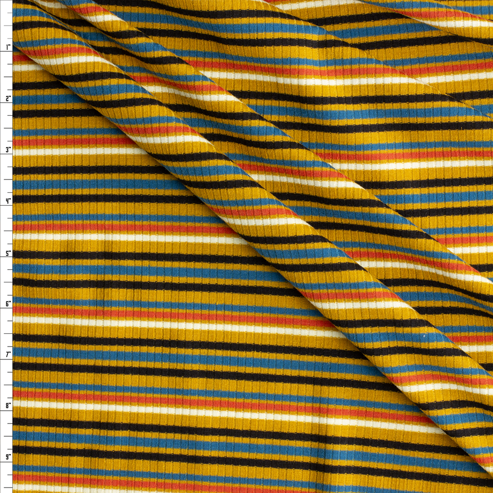 Black, Offwhite, Teal, and Orange Horizontal Stripe on Mustard Rayon/Spandex Rib Knit #30378 Fabric By The Yard