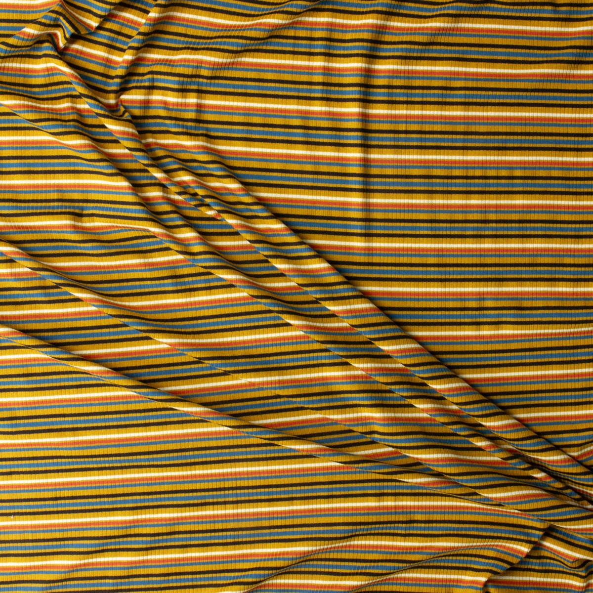 Black, Offwhite, Teal, and Orange Horizontal Stripe on Mustard Rayon/Spandex Rib Knit #30378 Fabric By The Yard - Wide shot