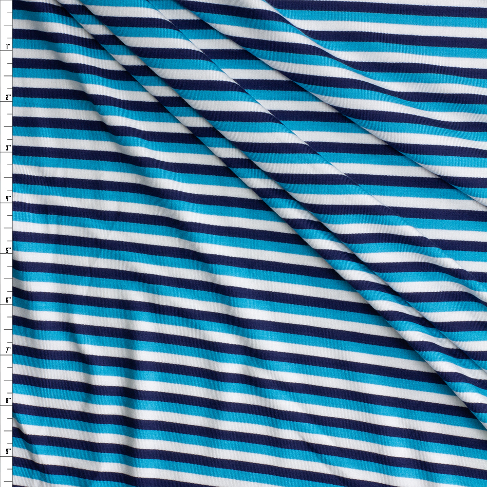 Navy, Teal, and White Bamboo Jersey Knit #30379 Fabric By The Yard