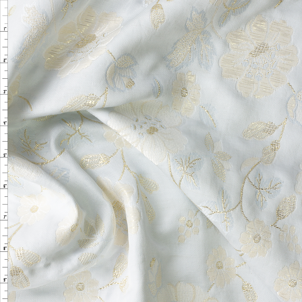 Ivory and Metallic Gold Floral on Pale Blue Designer Brocade #30399 Fabric By The Yard