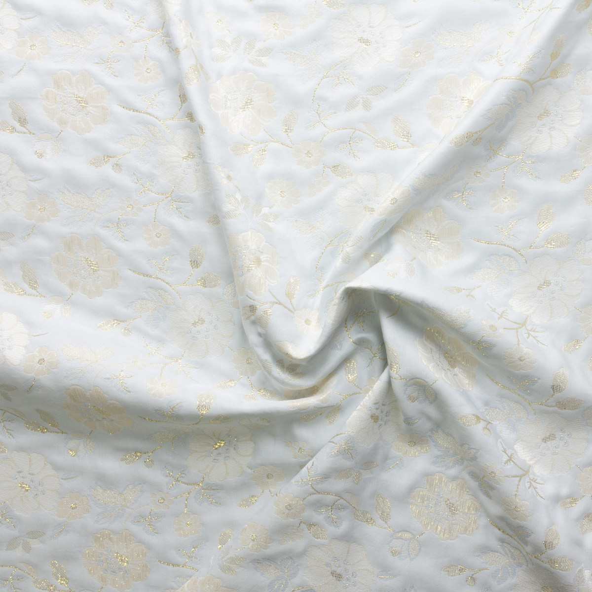 Ivory and Metallic Gold Floral on Pale Blue Designer Brocade #30399 Fabric By The Yard - Wide shot