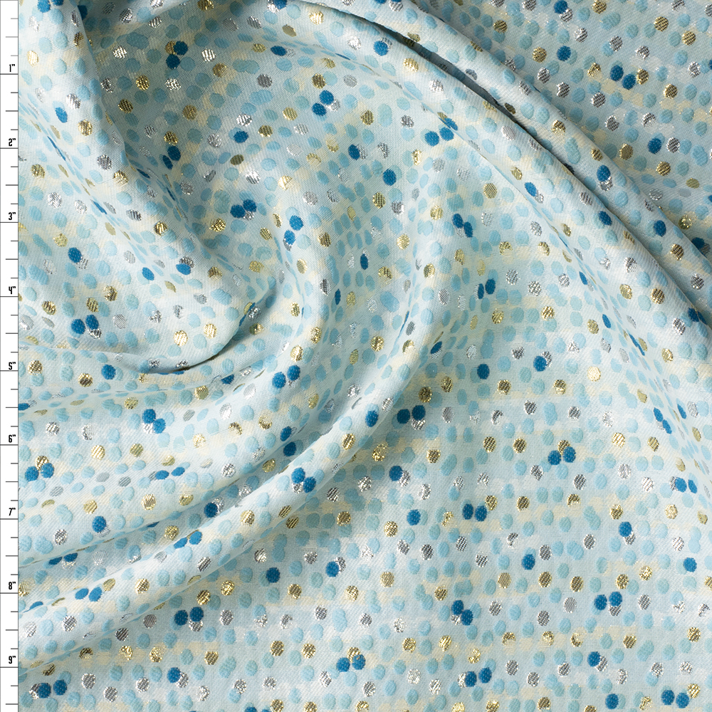 Aqua, Gold, and Turquoise Scattered Dots on White Italian Designer Brocade #30400 Fabric By The Yard