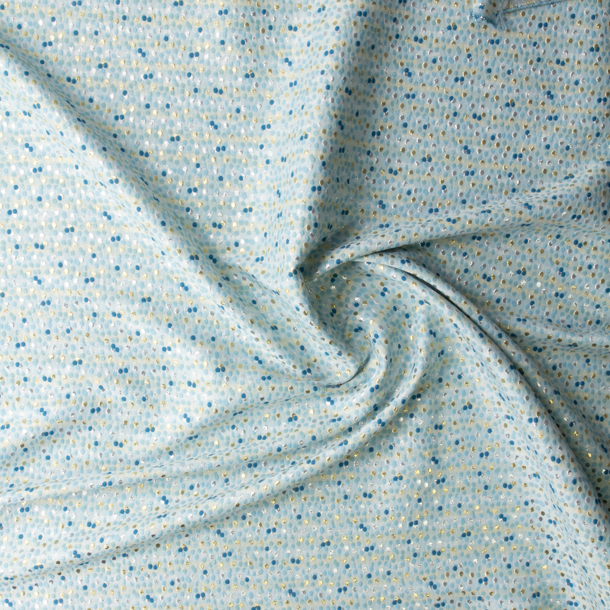 Aqua, Gold, and Turquoise Scattered Dots on White Italian Designer Brocade #30400 Fabric By The Yard - Wide shot