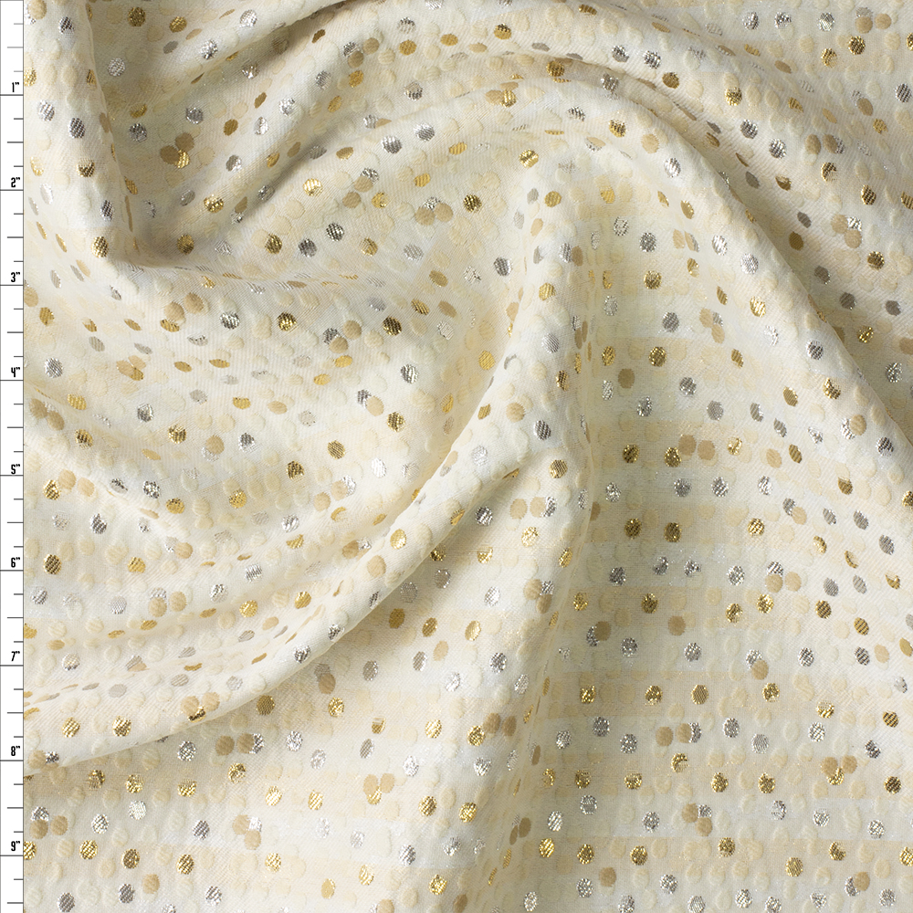 Gold, Silver, and Tan Scattered Dots on Offwhite Italian Designer Brocade #30401 Fabric By The Yard