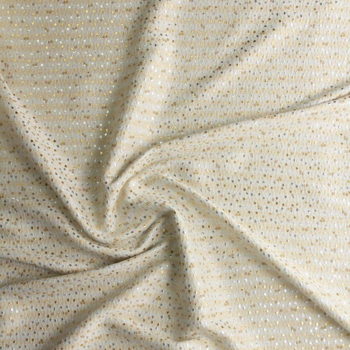 Gold, Silver, and Tan Scattered Dots on Offwhite Italian Designer Brocade #30401 Fabric By The Yard - Wide shot