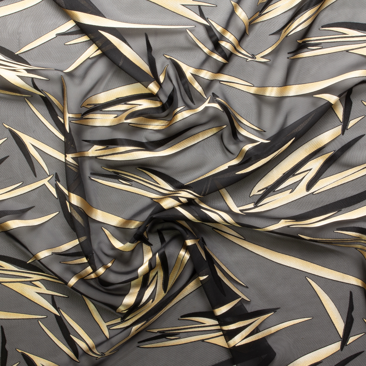 Tan on Black Bamboo Leaves Burnout Chiffon #30406 Fabric By The Yard - Wide shot