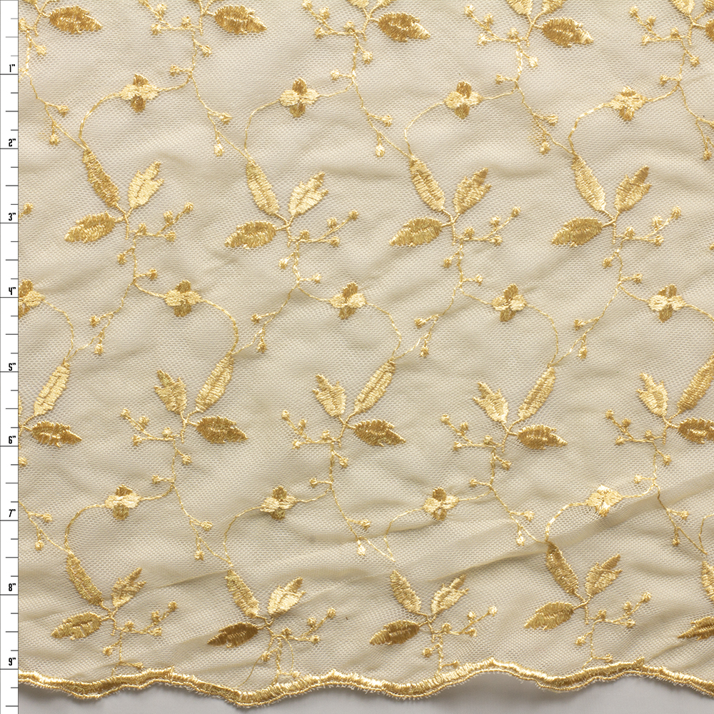 Golden Tan Floral Double Scalloped Embroidered Netting #30408 Fabric By The Yard