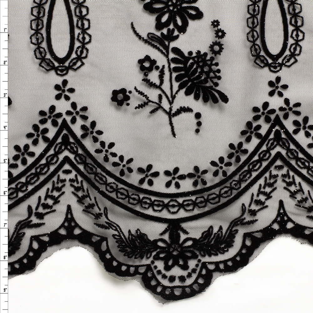 Sparkle Black on Black Floral Double Scalloped Flocked Netting #30409 Fabric By The Yard