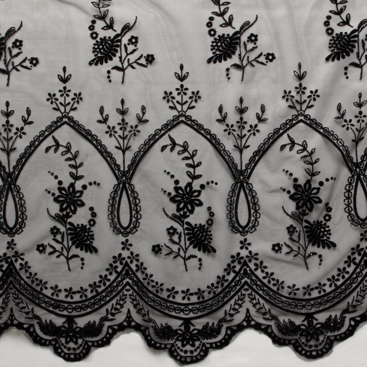 Sparkle Black on Black Floral Double Scalloped Flocked Netting #30409 Fabric By The Yard - Wide shot