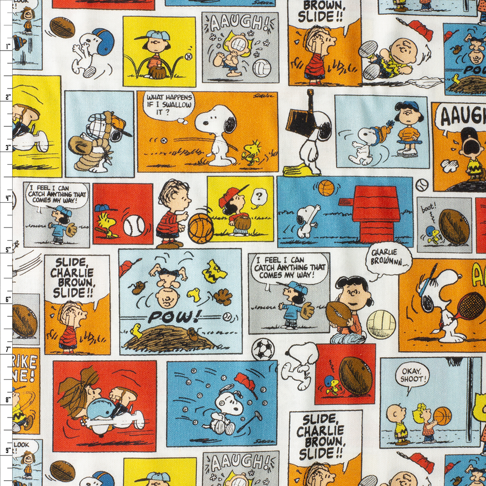 Peanuts Sports Comic Quilter’s Cotton from Maywood Studio #30454 Fabric By The Yard
