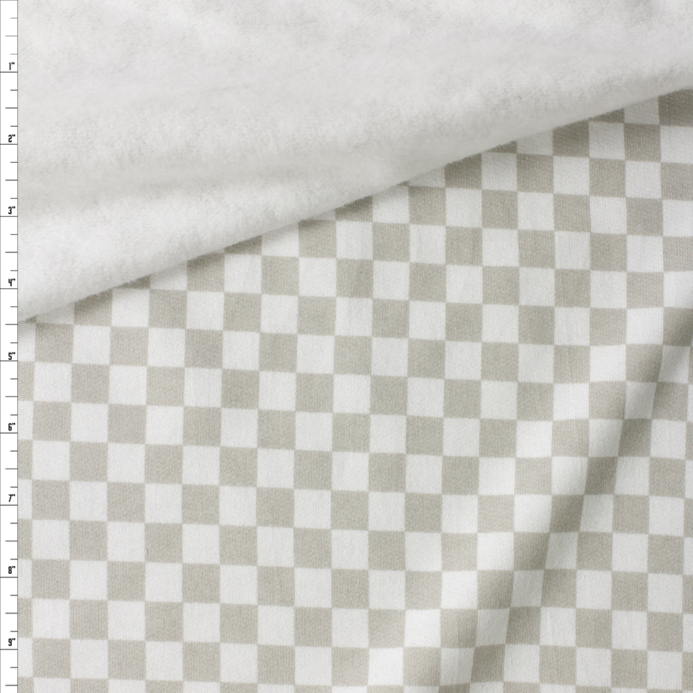 White and Light Grey Checkers Cotton Sweatshirt Fleece #30480 Fabric By The Yard