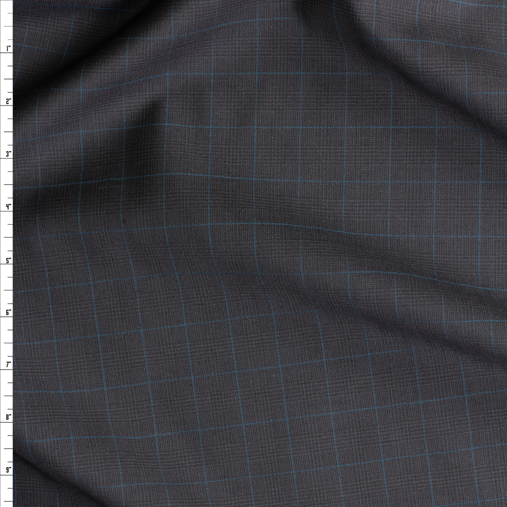 Blue on Charcoal Glen Plaid Wool Suiting #30491 Fabric By The Yard