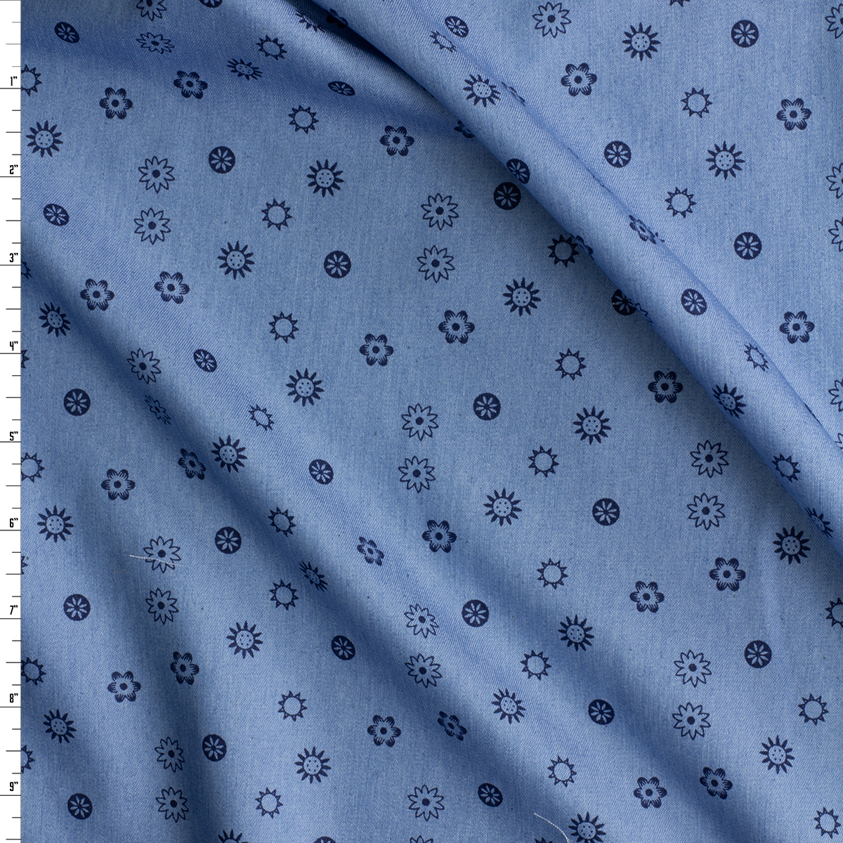 Navy Tossed Flowers on Light Blue Chambray Print #30585 Fabric By The Yard