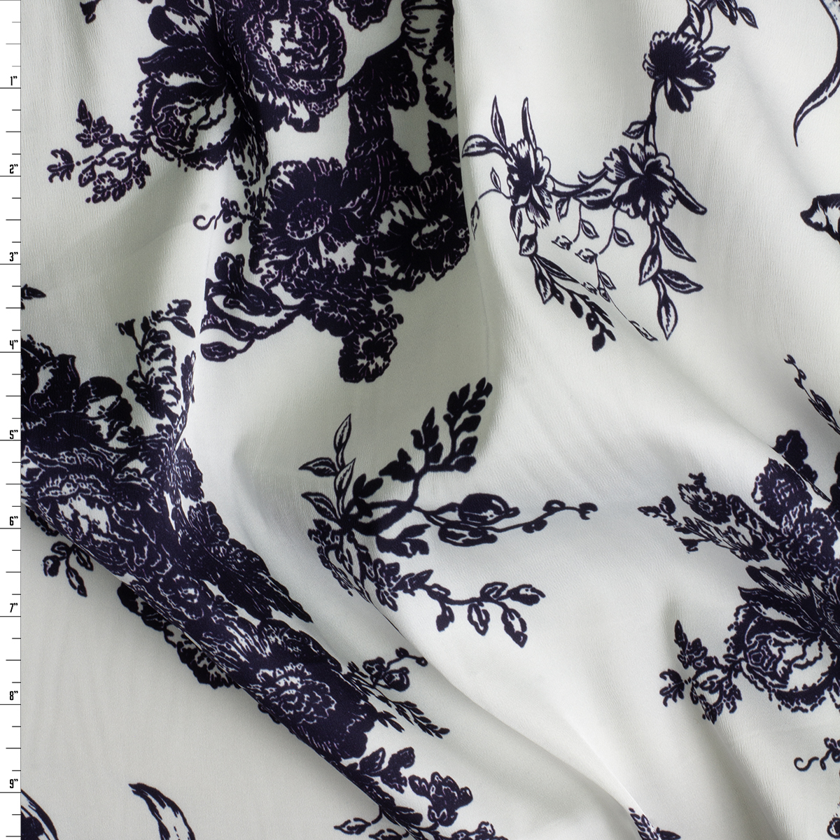 Navy on Offwhite Royal Rose Floral Stretch Silk Satin #30588 Fabric By The Yard