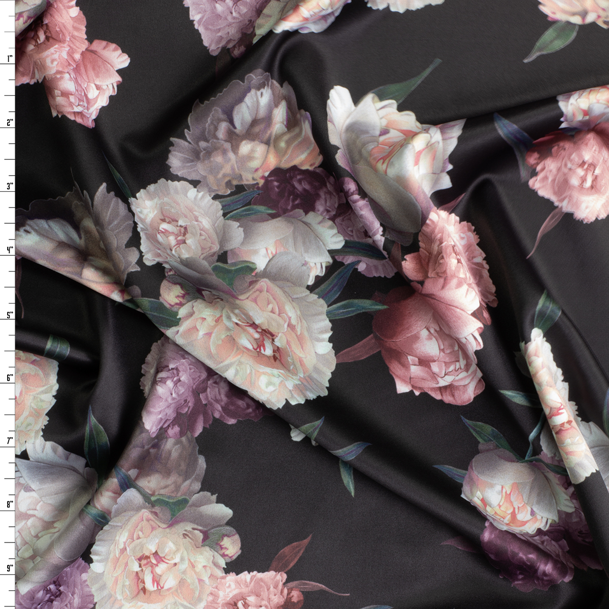 Dramatic Cabbage Rose Bouquet on Black Designer Stretch Charmeuse Satin #30637 Fabric By The Yard