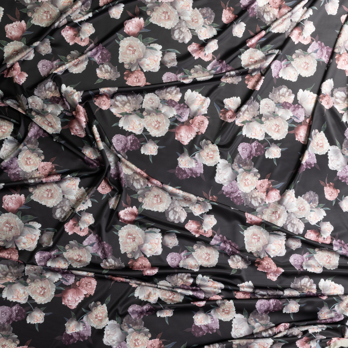 Dramatic Cabbage Rose Bouquet on Black Designer Stretch Charmeuse Satin #30637 Fabric By The Yard - Wide shot