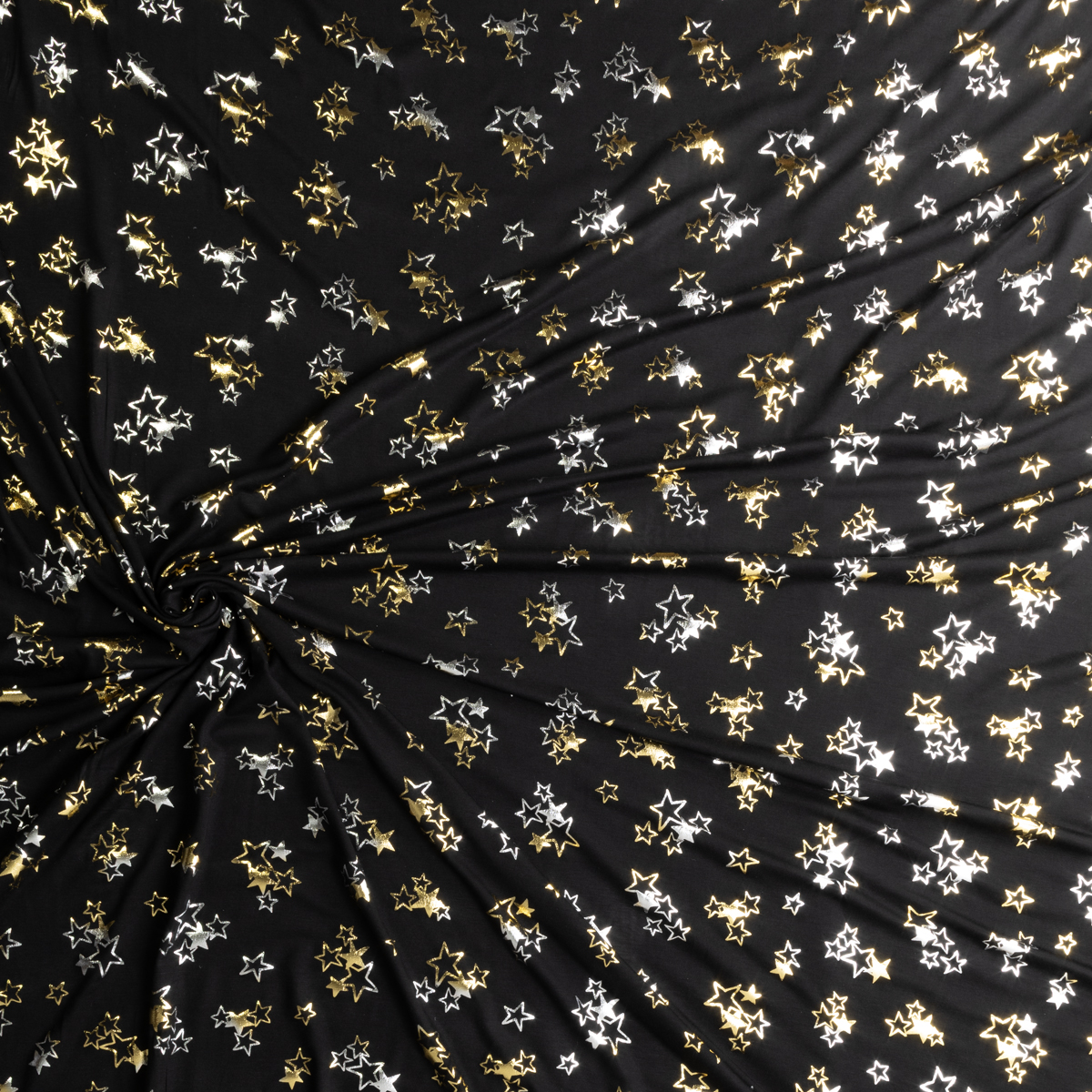 Metallic Silver and Gold Stars on Black Rayon Jersey Knit #30655 Fabric By The Yard - Wide shot