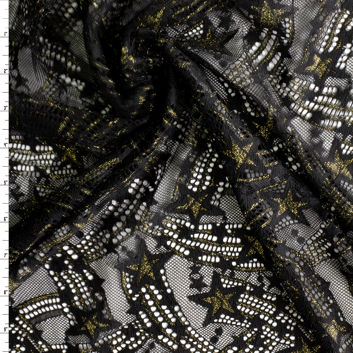 Metallic Gold and Black Shooting Stars Stretch Lace #30656 Fabric By The Yard
