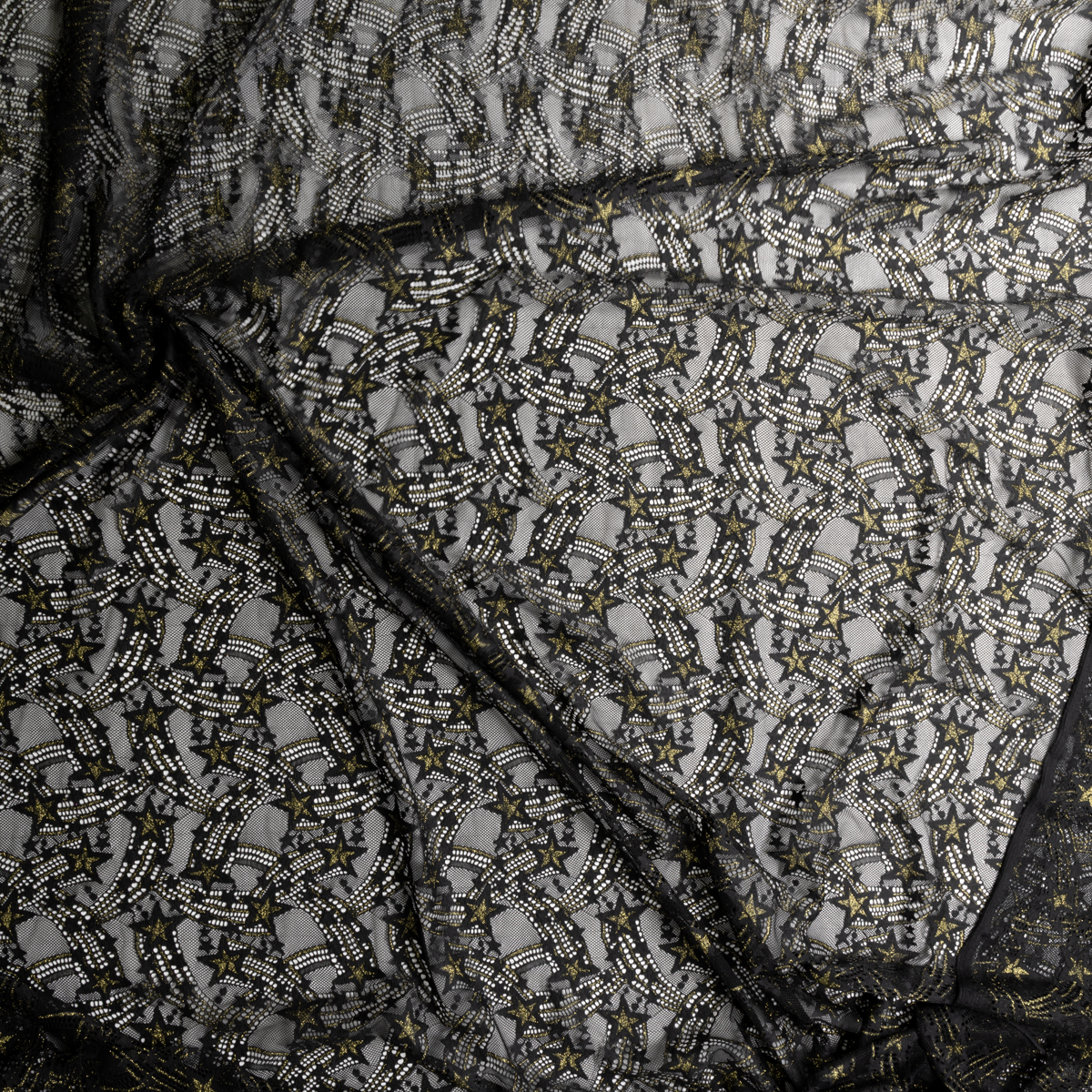 Metallic Gold and Black Shooting Stars Stretch Lace #30656 Fabric By The Yard - Wide shot