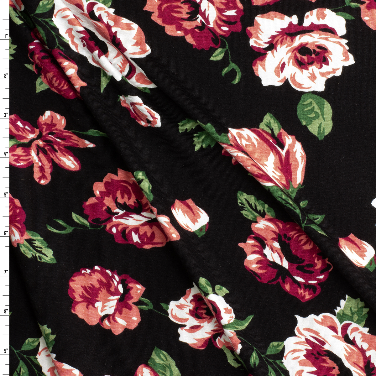 Wine and Pink Rose Floral on Black Stretch Modal Jersey Knit from ‘Hanky Panky’ #30659 Fabric By The Yard