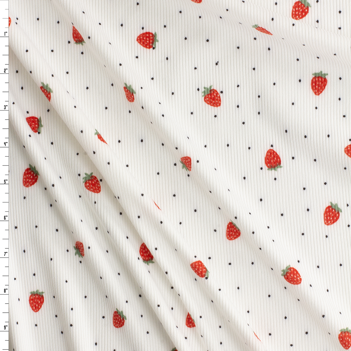Tossed Strawberries and Dots on White Lightweight Micro Rib Knit #30685 Fabric By The Yard