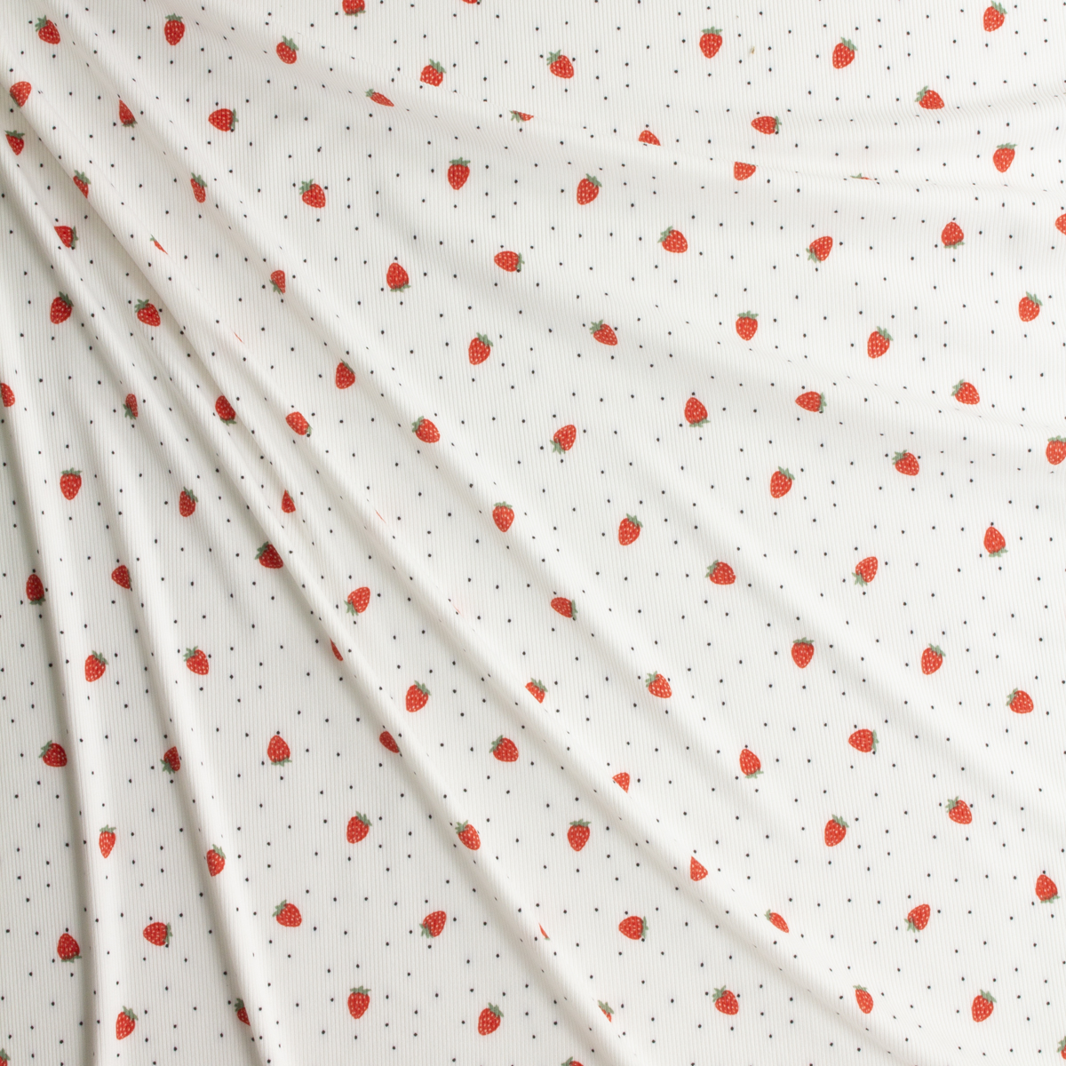 Tossed Strawberries and Dots on White Lightweight Micro Rib Knit #30685 Fabric By The Yard - Wide shot