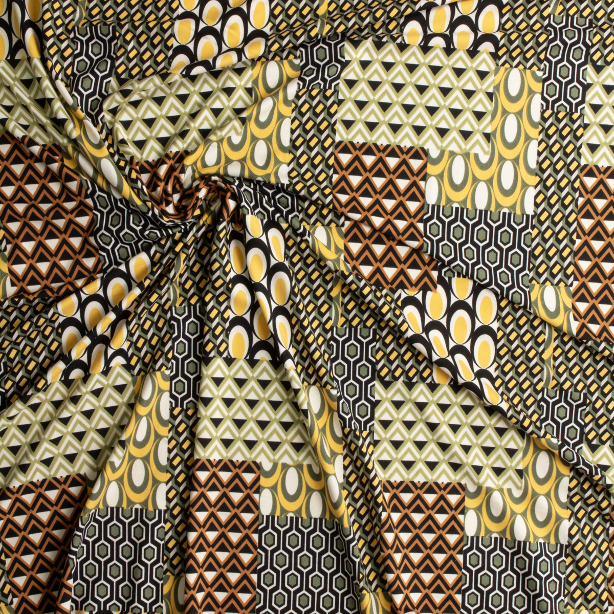 Earthtone Geometric Tiles Double Brushed Poly/Spandex Knit #30692 Fabric By The Yard - Wide shot