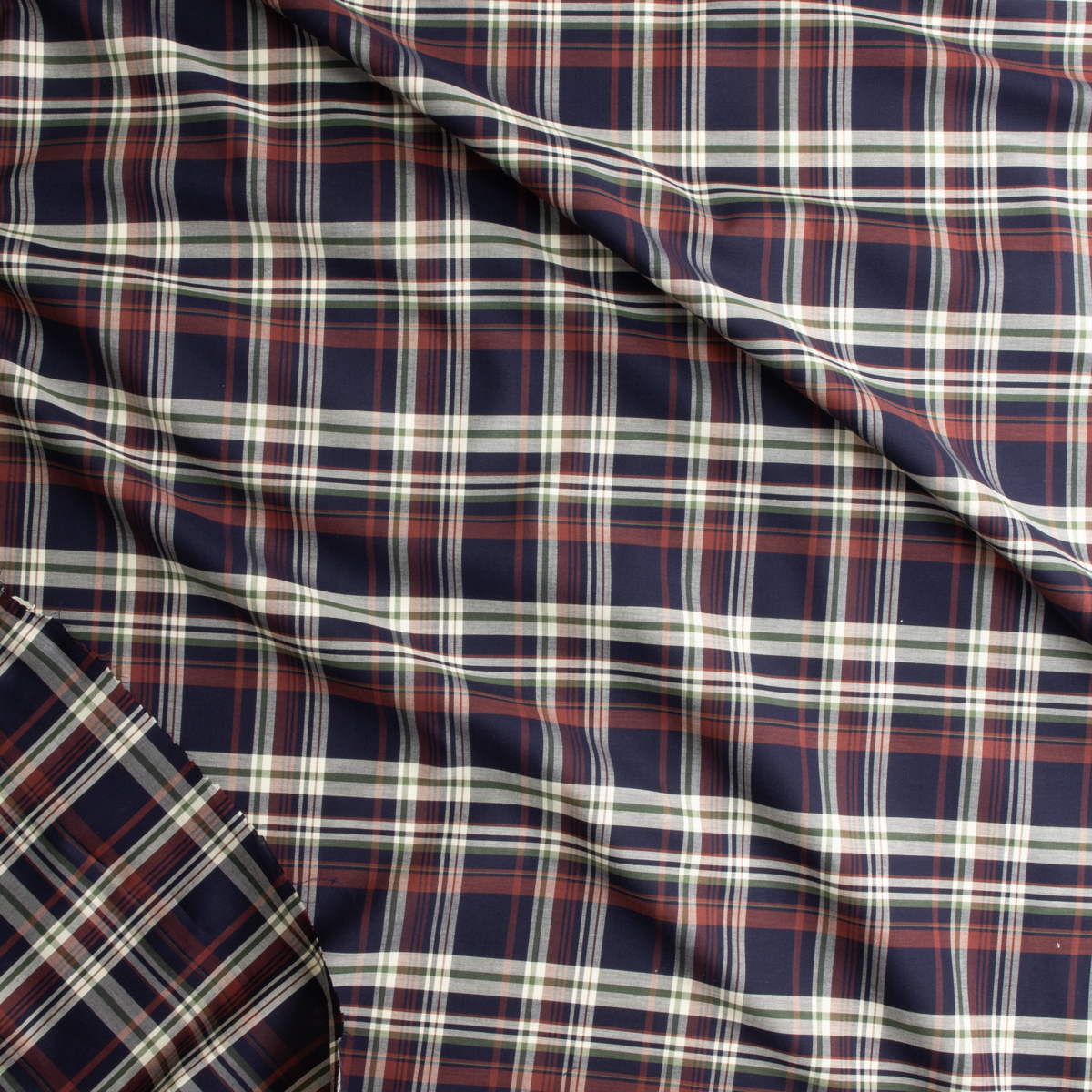 Navy, Wine, Olive, and Ivory Plaid Designer Cotton Shirting #30706 Fabric By The Yard - Wide shot