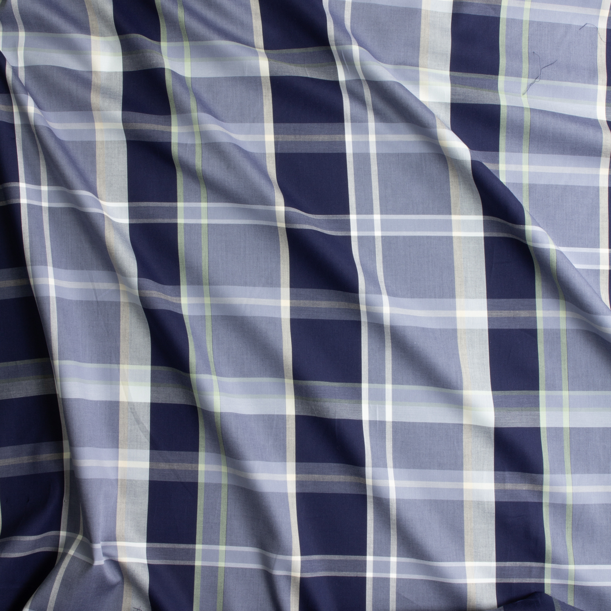 Navy, Grey, and Mint Plaid Designer Cotton Sateen Shirting #30709 Fabric By The Yard - Wide shot