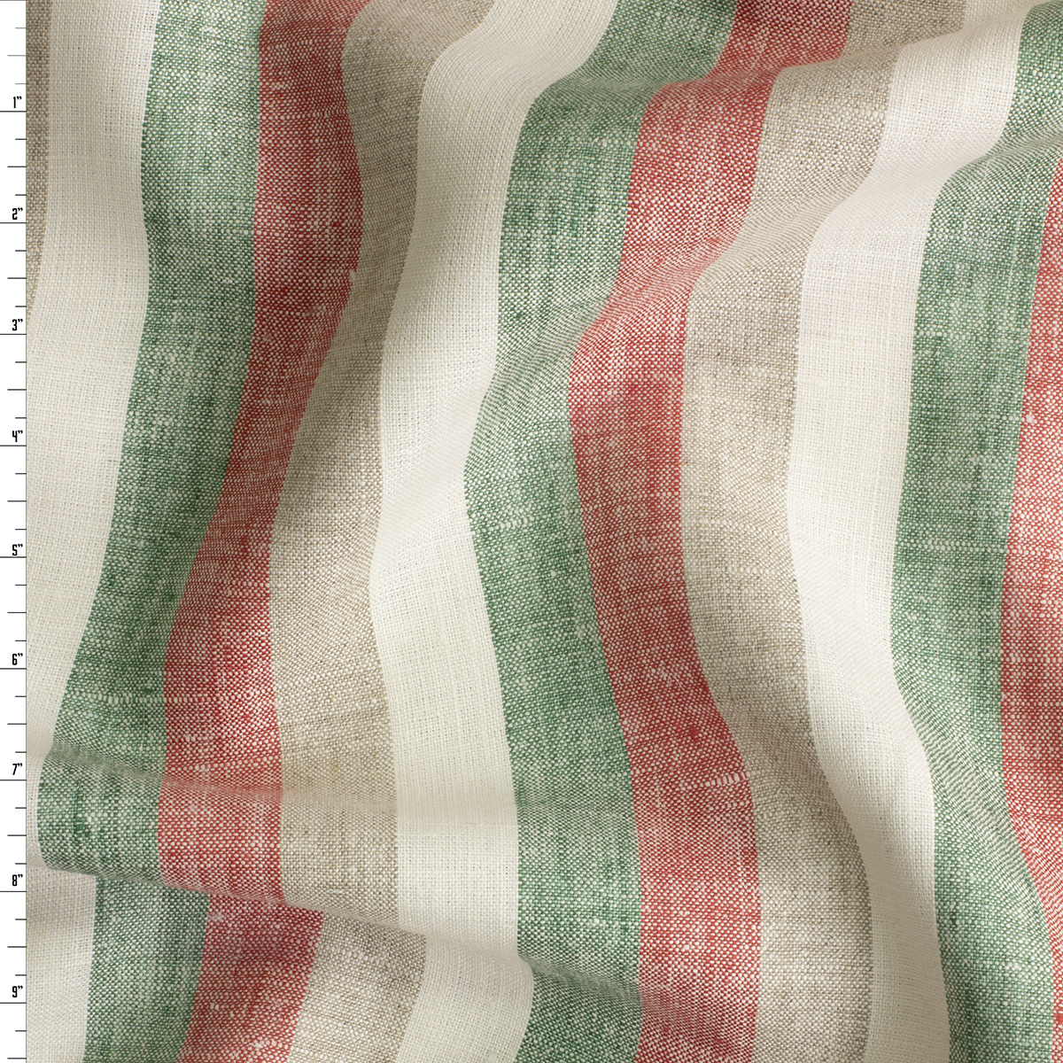Red, Green, and Ivory Vertical Stripe Linen #30721 Fabric By The Yard