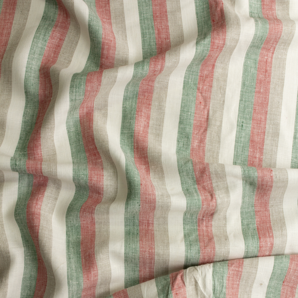 Red, Green, and Ivory Vertical Stripe Linen #30721 Fabric By The Yard - Wide shot