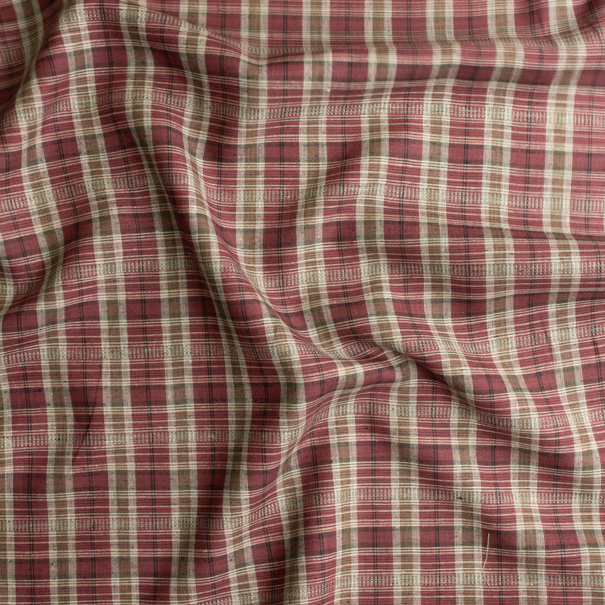 Scarlet, Brown, and Tan Plaid Linen #30732 Fabric By The Yard - Wide shot