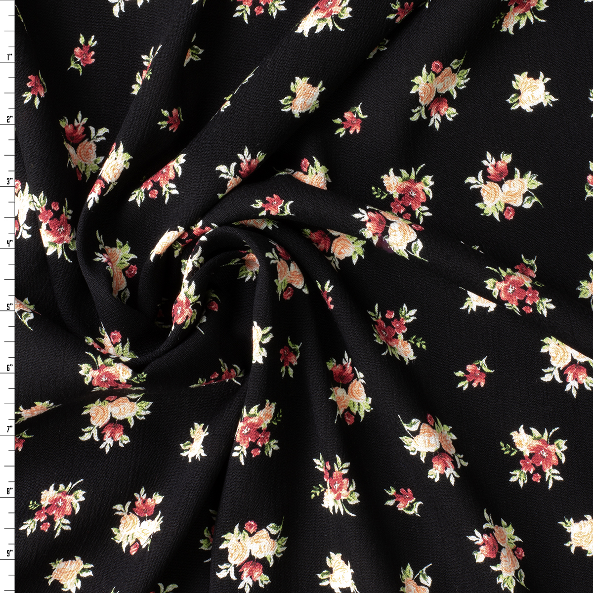 Rose Floral on Black Rayon Gauze #30800 Fabric By The Yard