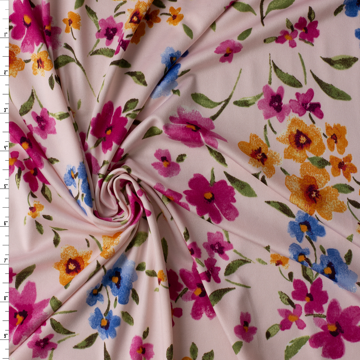 Hot Pink, Blue, and Orange Blooms on Pink Stretch ITY Knit #30808 Fabric By The Yard