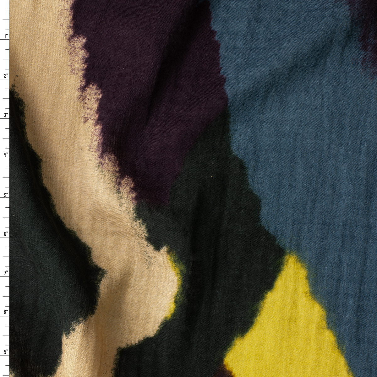 Plum, Teal, Wine, Tan, and Yellow Brushstroke Geo Cotton Double Gauze #30809 Fabric By The Yard