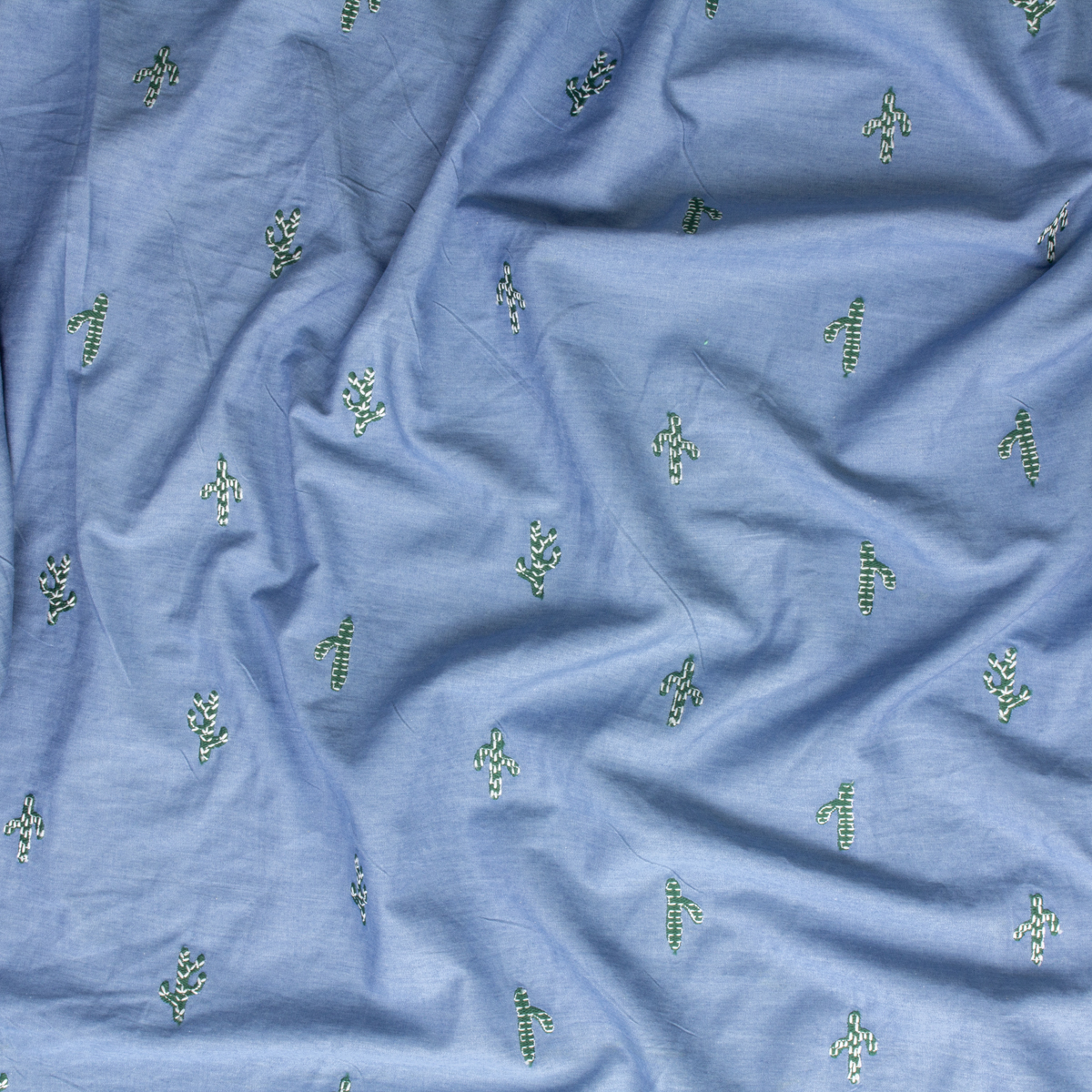 Embroidered Cacti on Light Blue Lightweight Denim #30821 Fabric By The Yard - Wide shot